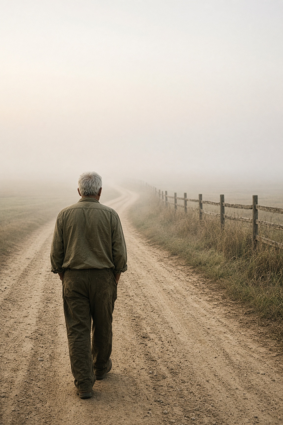 A man in his sixties walking a dirt country road at dawn, seen from behind