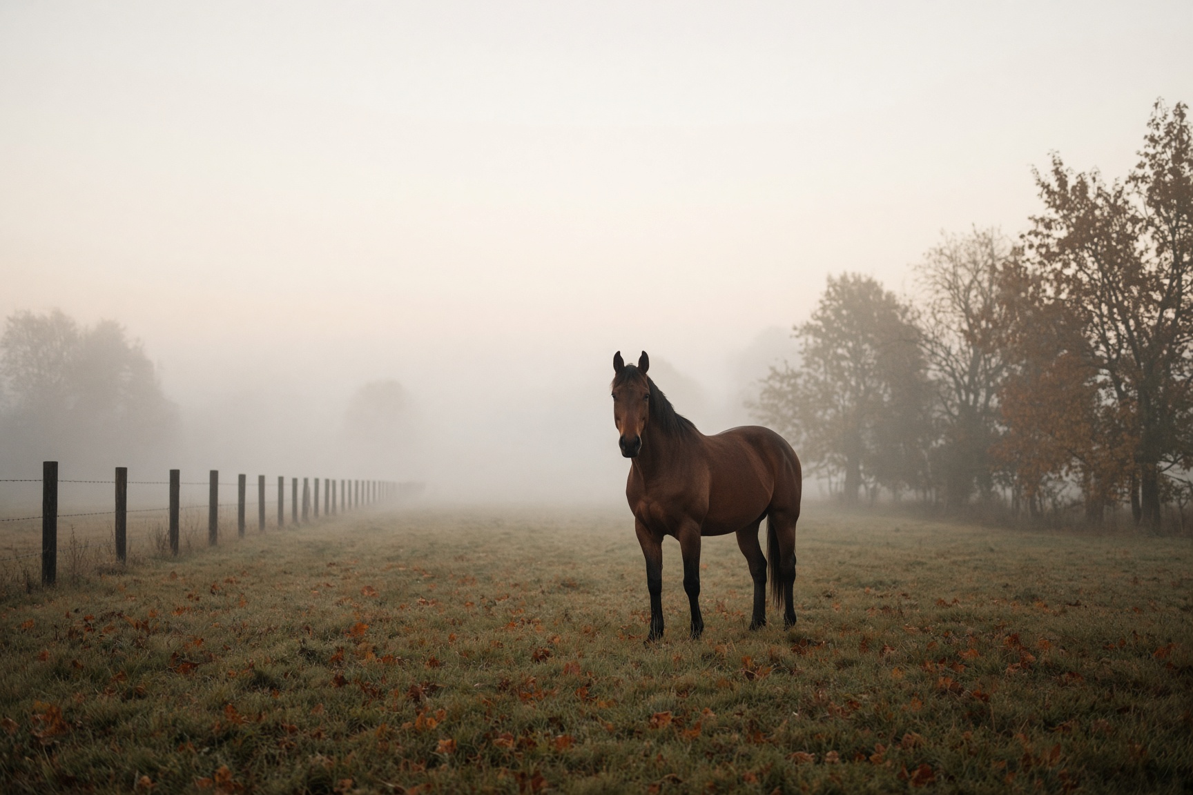 A bay horse standing in a misty autumn field