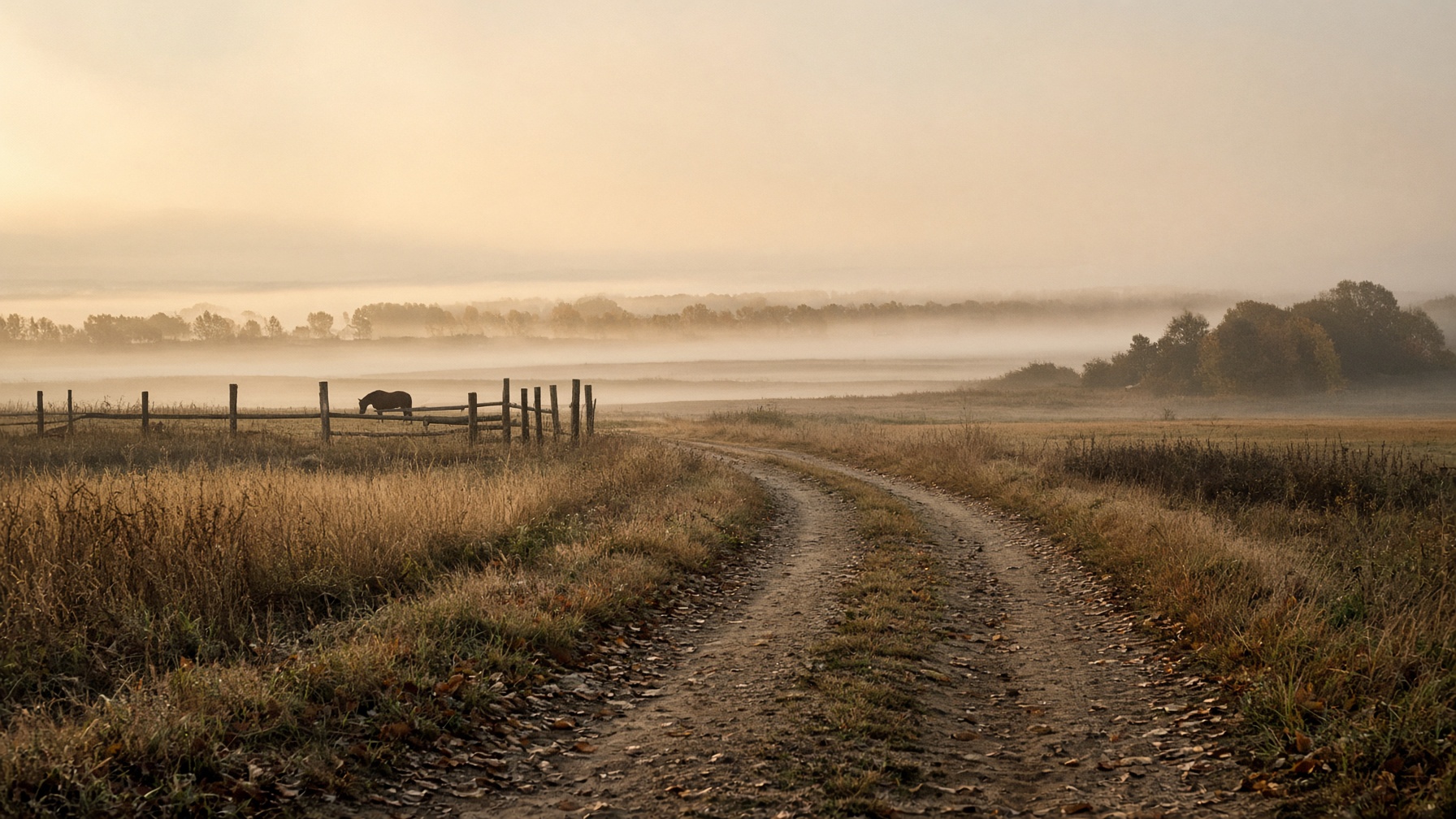 An empty rural road at first light, with a horse standing in the distance